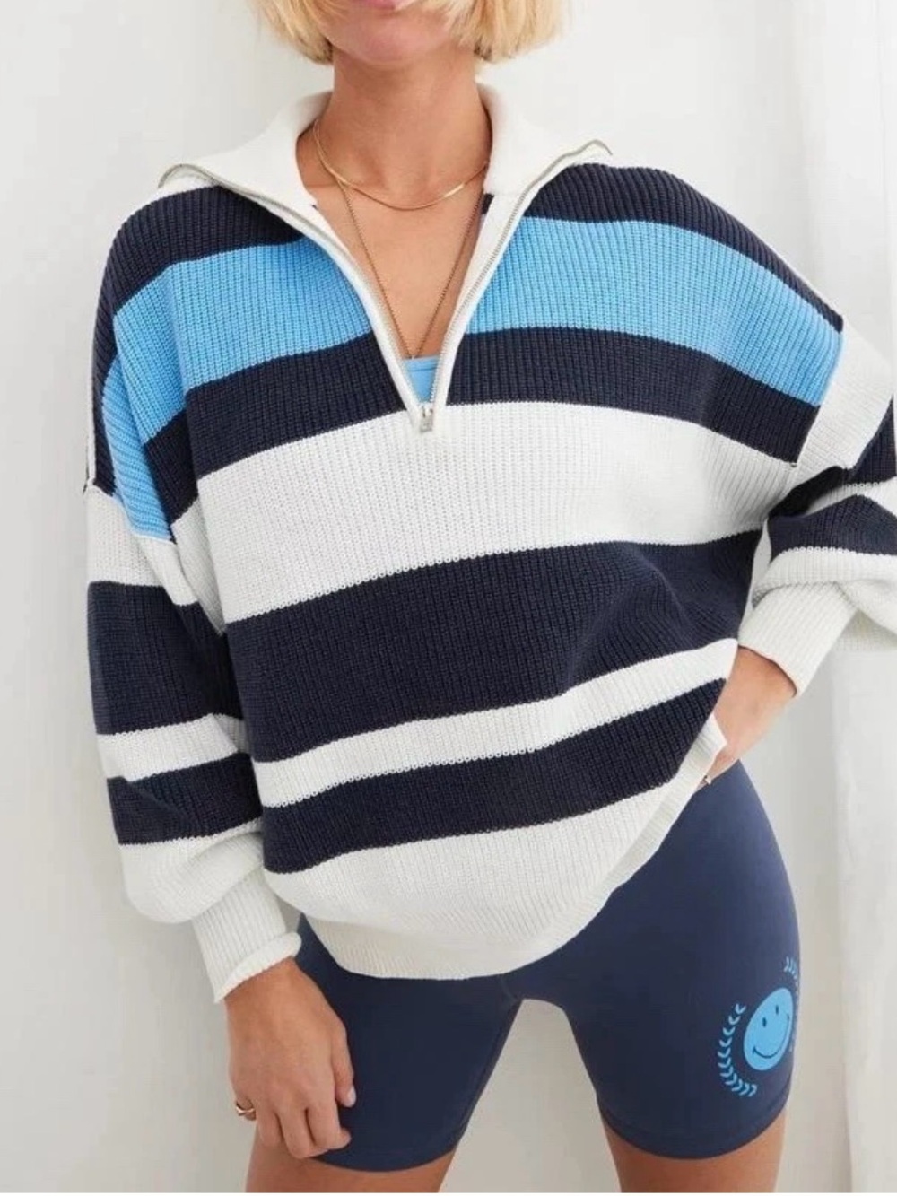 aerie Striped Half-Zip Sweater - Navy, Sky Blue & Cream Size  Small/Medium